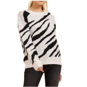 Moodie Womens Sz L Black White Zebra Print Sweater Fuzzy Top Super Soft Cozy R4